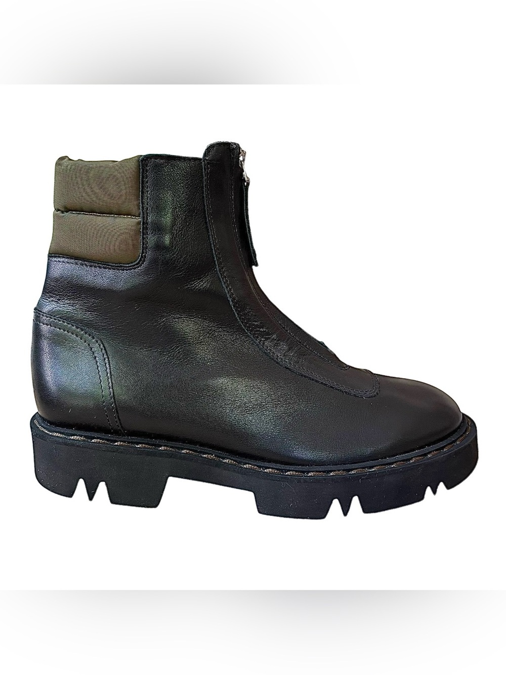 AQUATALIA Black Leather & Army Green Front Zip Lug Sole Anlke Boots